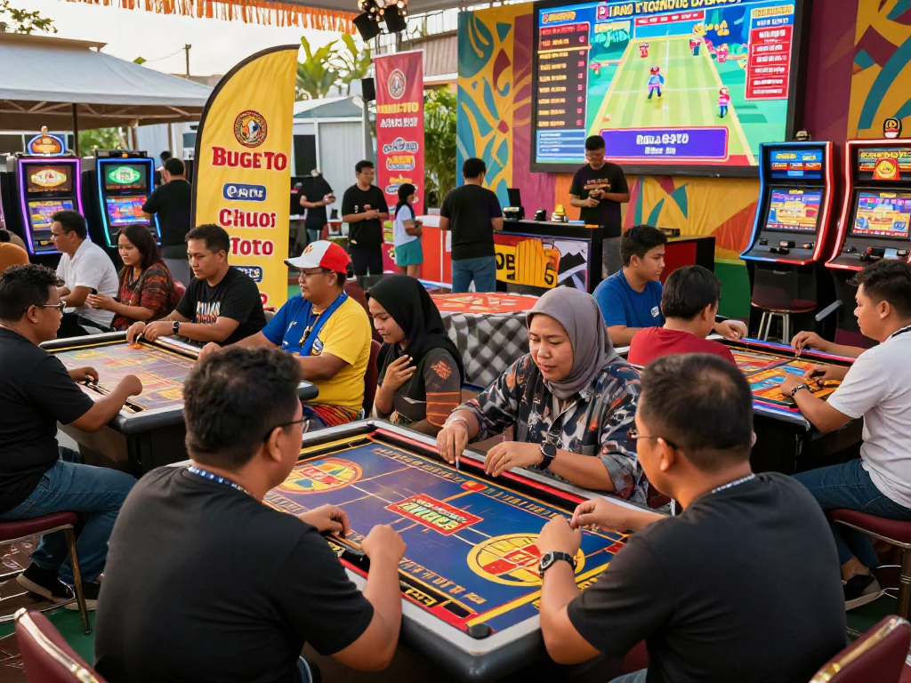 Suasana kasino Bugis Toto yang meriah dengan orang-orang bermain dan bersenang-senang.