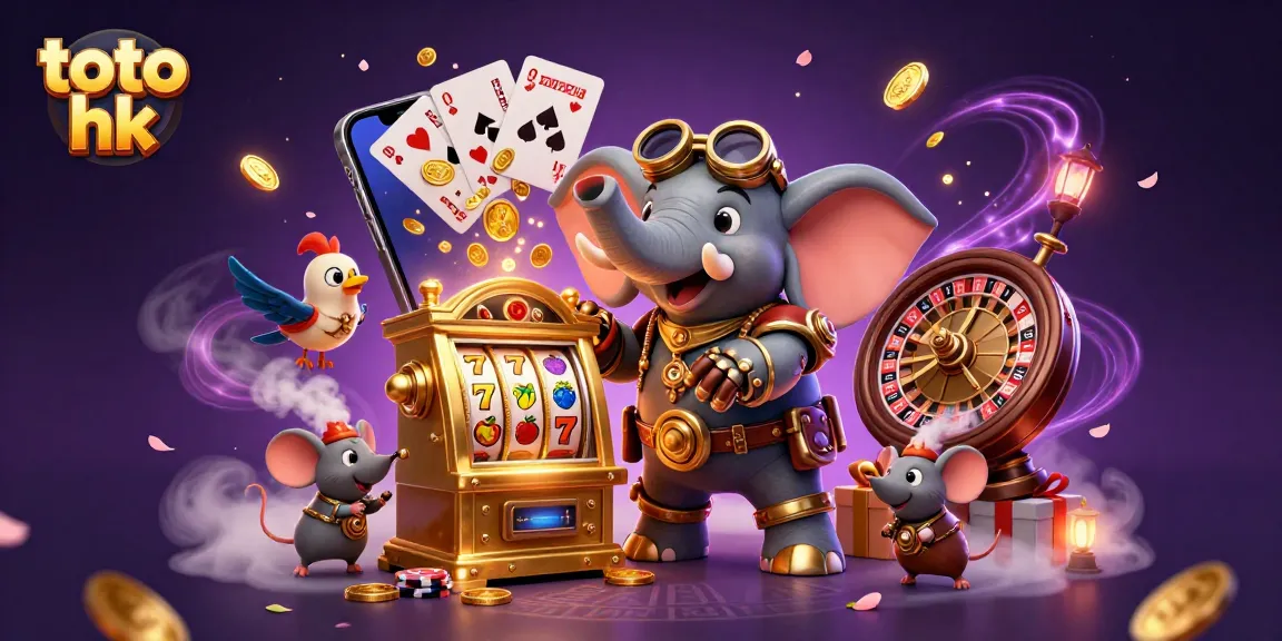 Permainan slot toto hk menampilkan gajah steampunk yang mengoperasikan mesin slot emas, dikelilingi oleh koin emas dan kartu permainan.