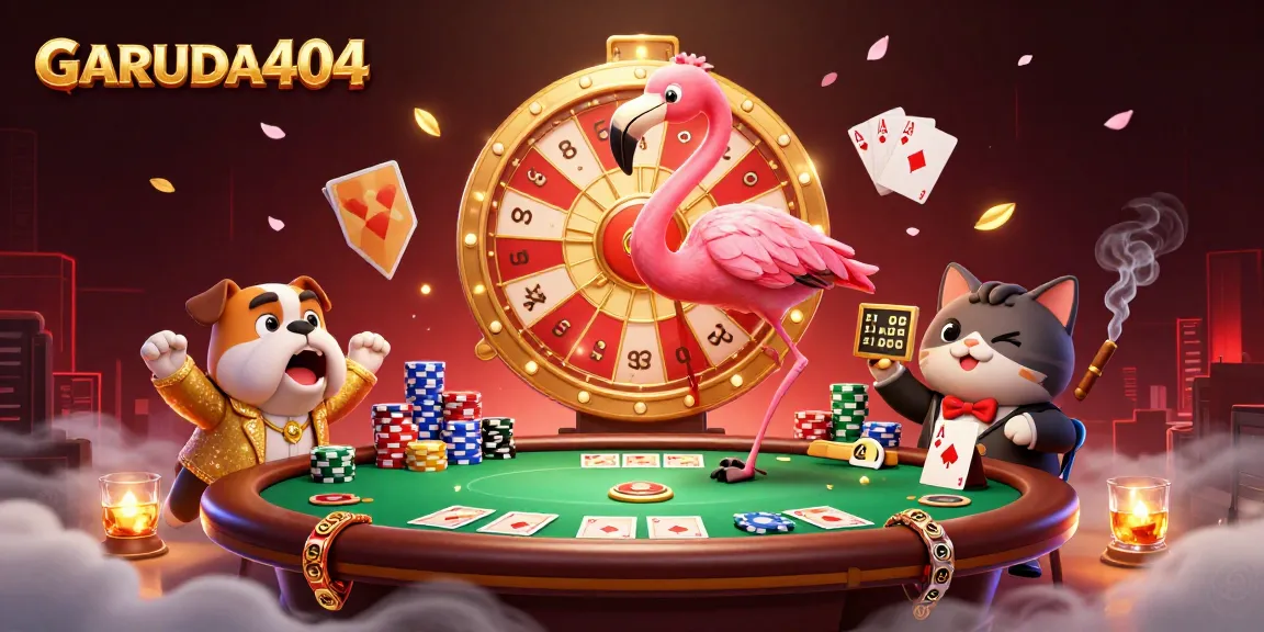 Join the excitement at GARUDA404 with a vibrant gaming scene featuring a flamingo game show host, bulldog contestant, and thrilling casino elements.