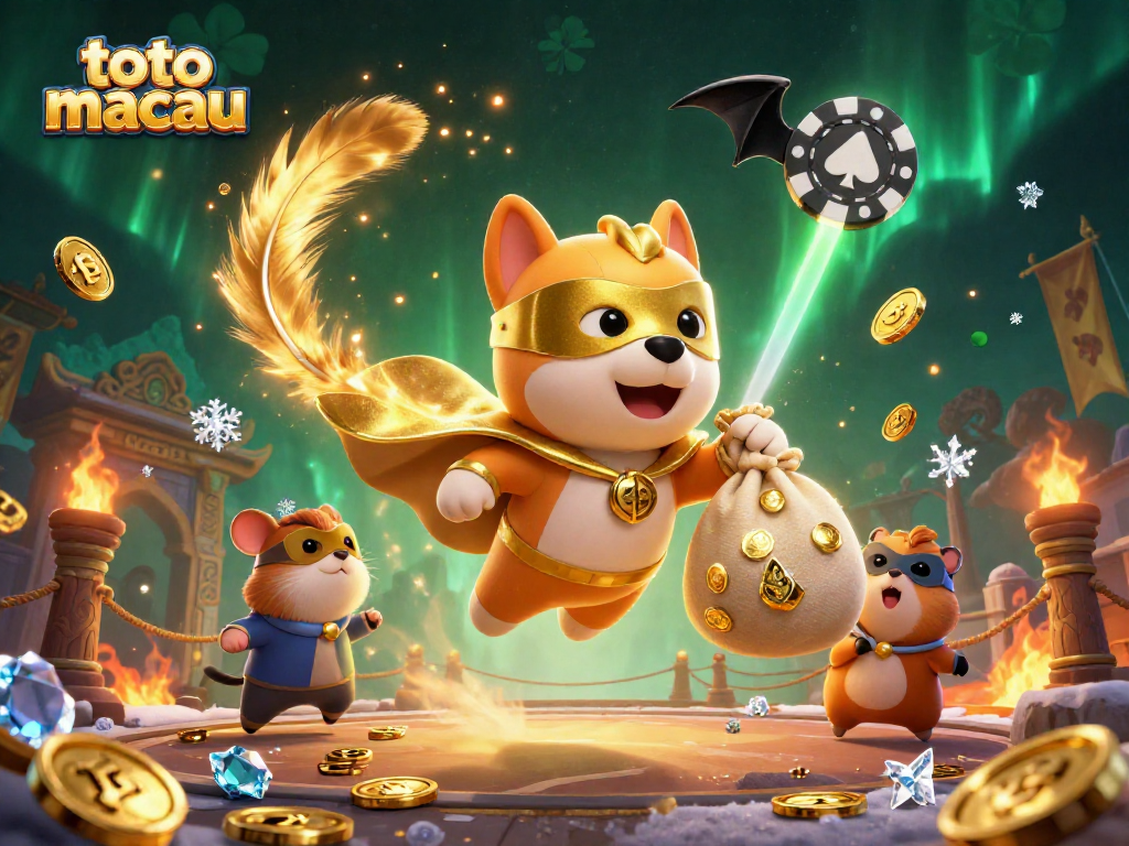 Menangkan permainan di toto macau dengan ilustrasi kasual yang menampilkan karakter anjing superhero dan hamster di dunia kasino.