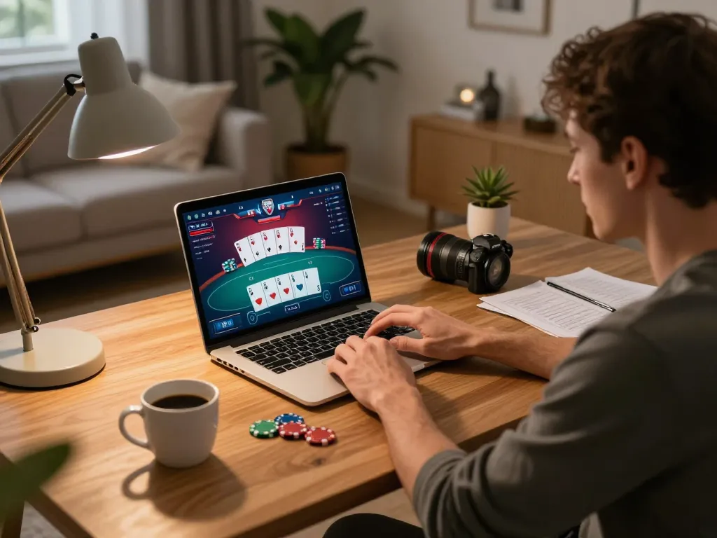 Enjoying strategic poker gameplay online at fabet in a cozy home office.