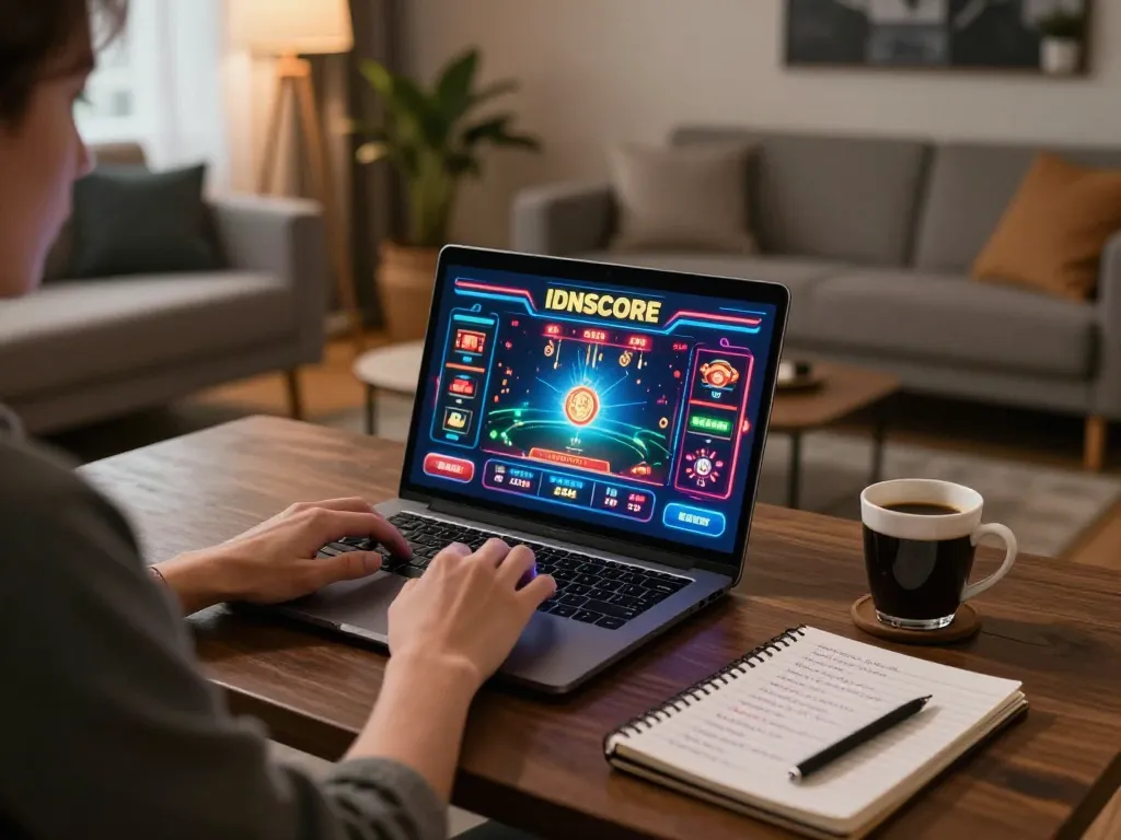 IDNSCORE player strategizing online gambling with vibrant games on the laptop screen.