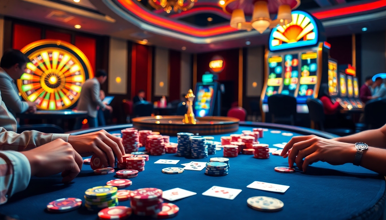 Action-packed scene of players at a poker table, engaging with the thrilling games offered at https://98winmb.com/.