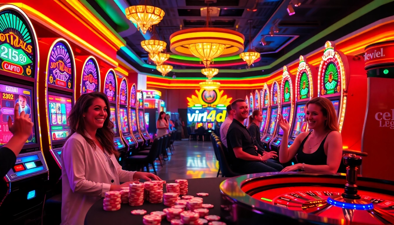 Players enjoying the vibrant slot machines at a luxury casino, highlighting viral4d excitement.