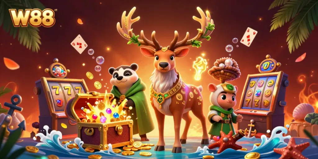 W88 captivates players with a vibrant casino scene, featuring slot elements and enchanting creatures.