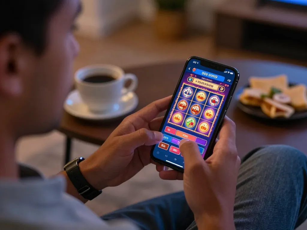 Engaging gameplay with UG DEWA online casino on smartphone featuring vibrant slot machines in a cozy setting.
