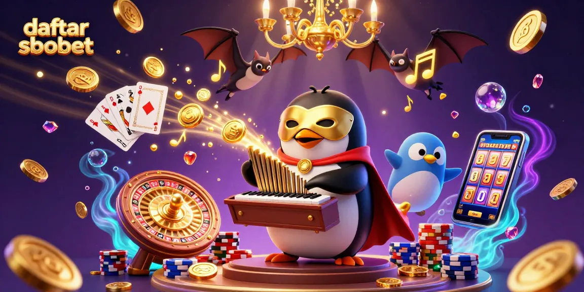 Betting in style with daftar sbobet; a penguin organist and golden musical notes amidst casino elements.