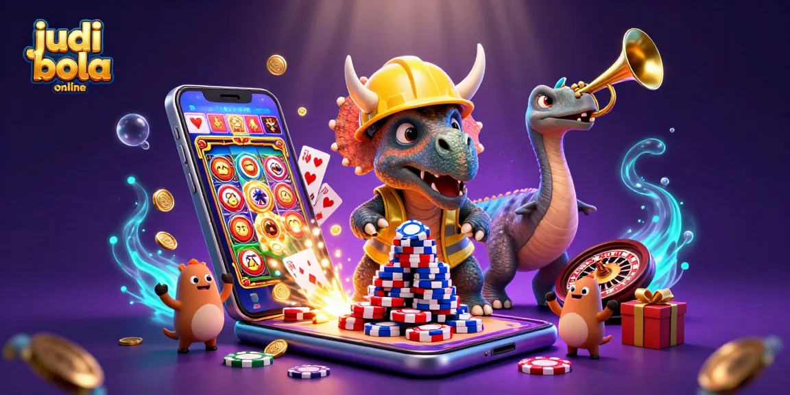 Engage in judi bola online action with a colorful scene of dinosaurs celebrating wins in a casino.