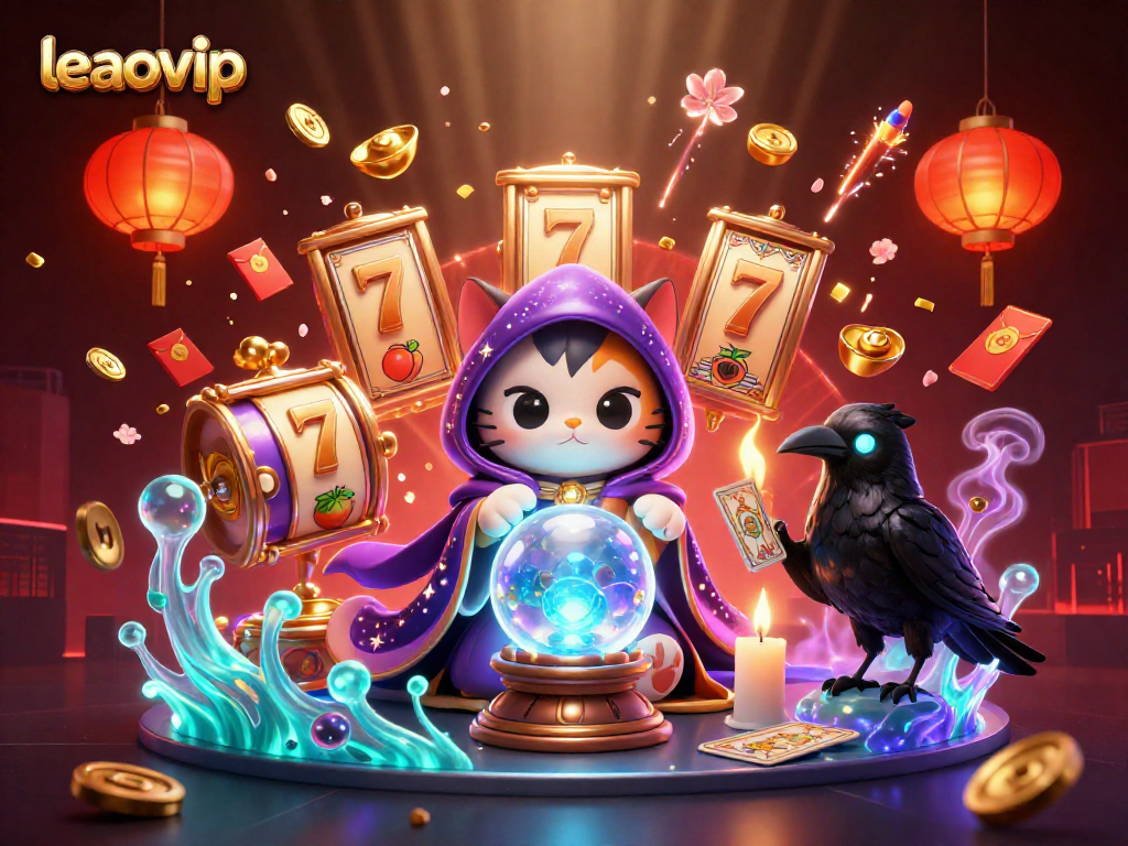 Engage with leaovip through vibrant slot machines and mystical characters in a captivating casino scene.