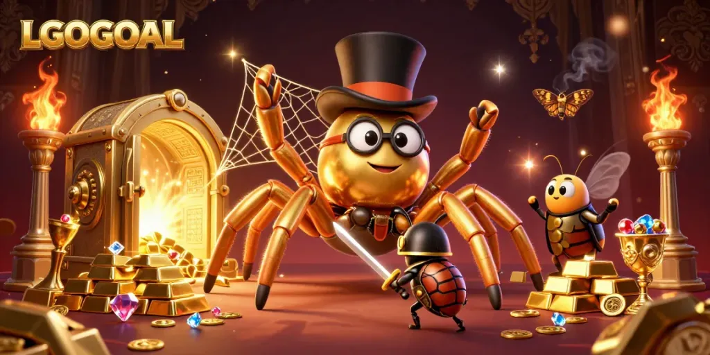 Experience thrilling moments at LGOGOAL with a giant golden tarantula and beetle knight in a rich casino scene.
