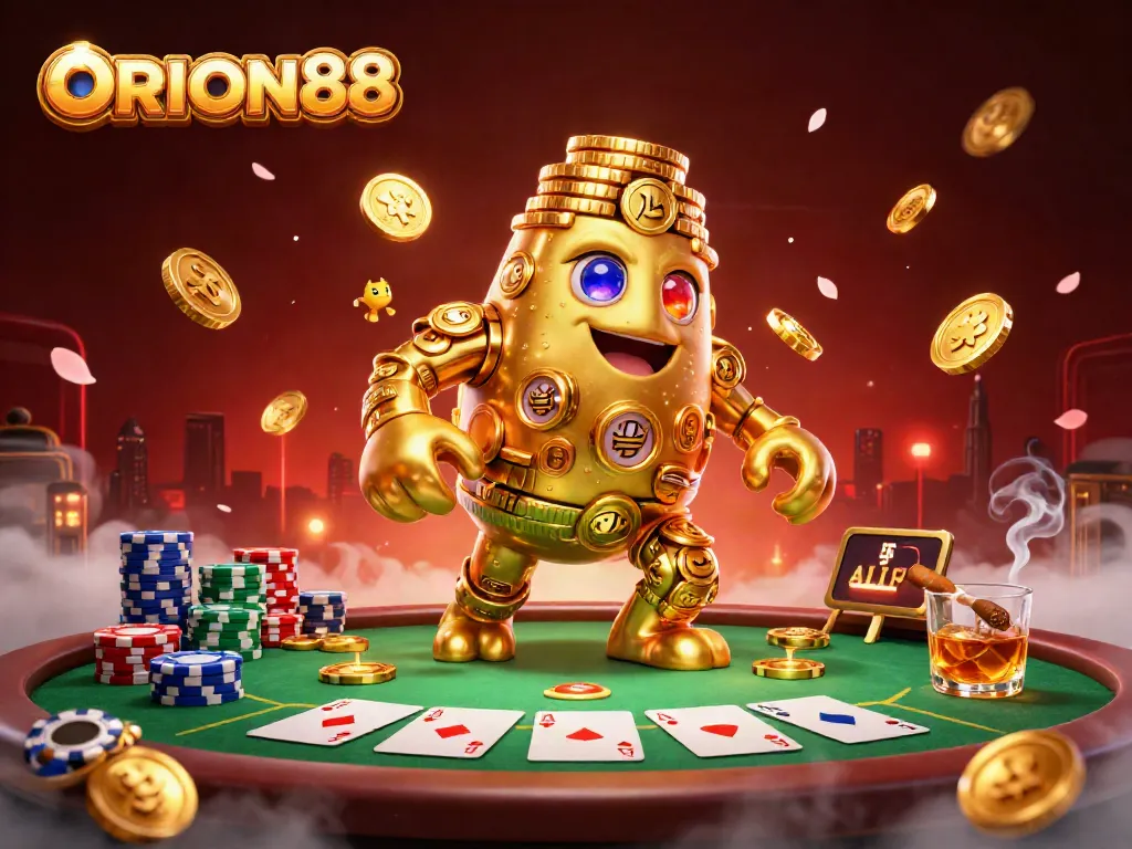 Experience vibrant gameplay with ORION88's golden golem and poker elements in an engaging casino scene.