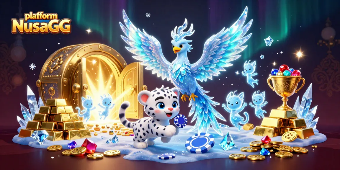 Engage with platform NusaGG's vibrant casino art featuring an enchanting ice phoenix and dynamic gaming elements.