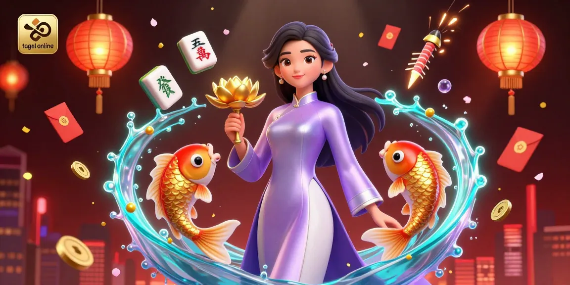 Rasakan kegembiraan togel online dalam ilustrasi 3D yang hidup ini menampilkan seorang wanita Asia dengan teratai emas dan ikan koi.