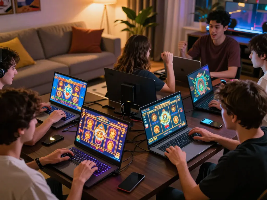 Players enjoying online slots like UGDEWA in an exciting home gaming setup with warm lighting