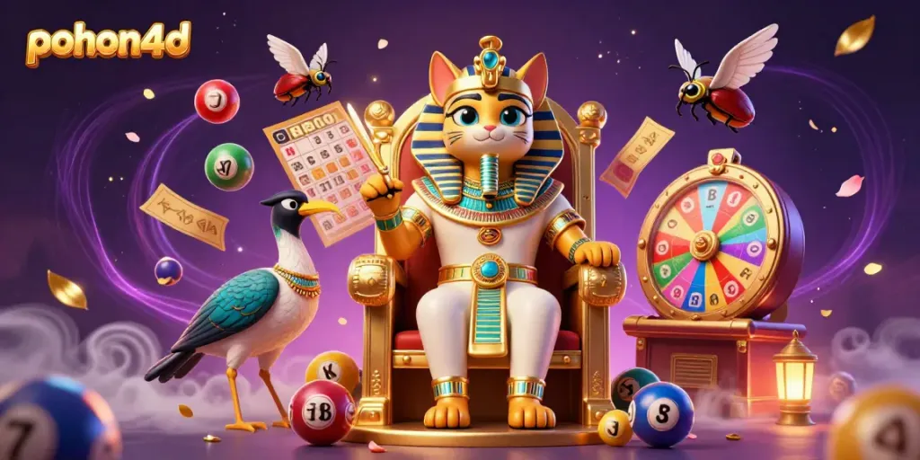 Join the excitement of pohon4d with lottery balls and animated casino characters in a vibrant scene.