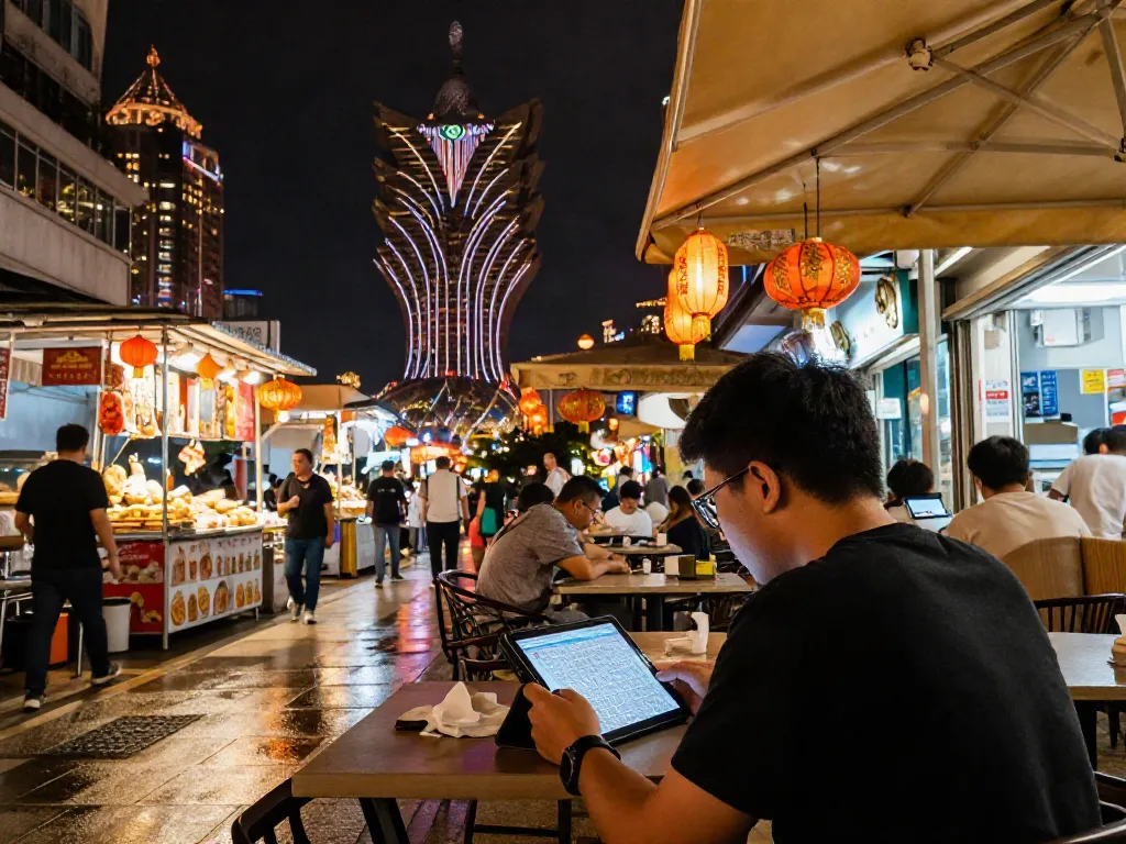Individual analyzing Togel data on a tablet in bustling Macau nightlife, rajabandot.