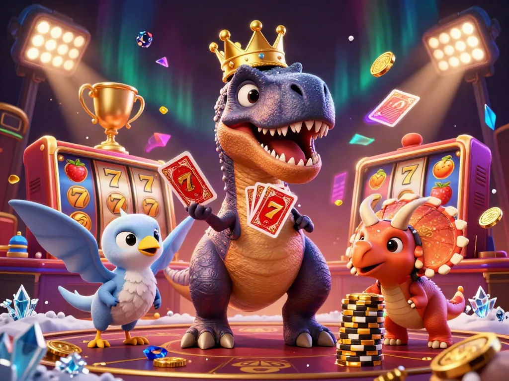 Experience thrilling gaming at llwin with a fun T-Rex and friends shuffling cards in a vibrant casino.