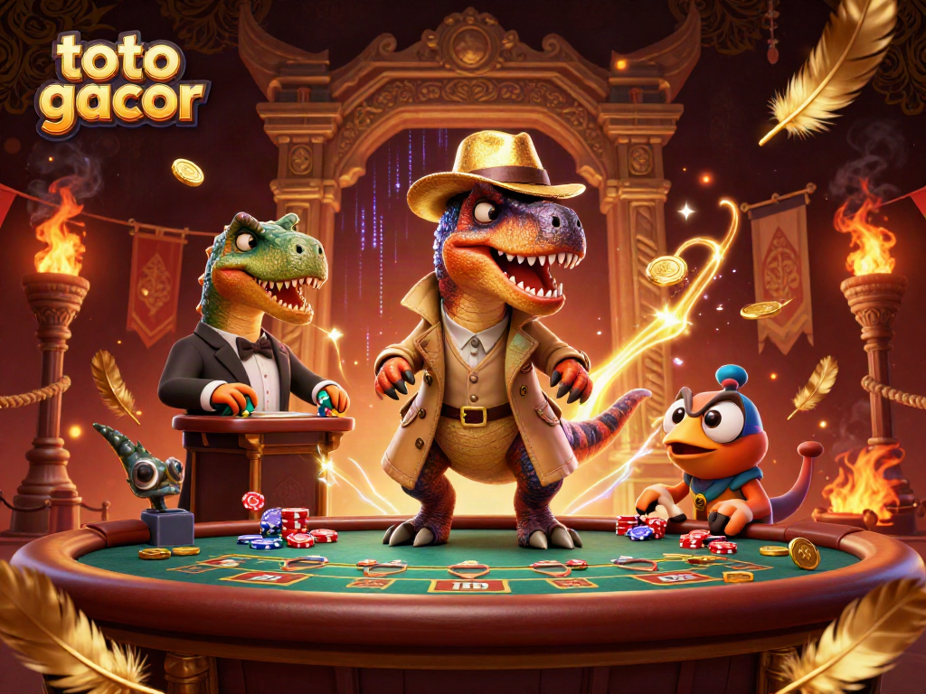 Toto gacor memberikan peluang menang di meja blackjack dengan karakter dinosaurus unik dan suasana kasino yang dinamis.