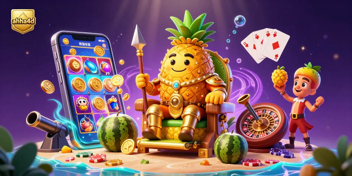 Spin to win with ahha4d in a vibrant 3D casino scene featuring a golden pineapple king.