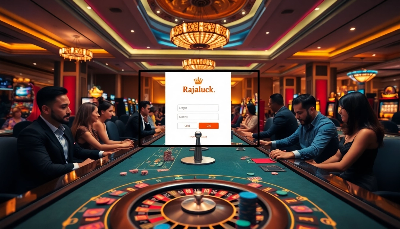 Experience the excitement of Rajaluck Login in a luxurious casino setting with vibrant gaming action.