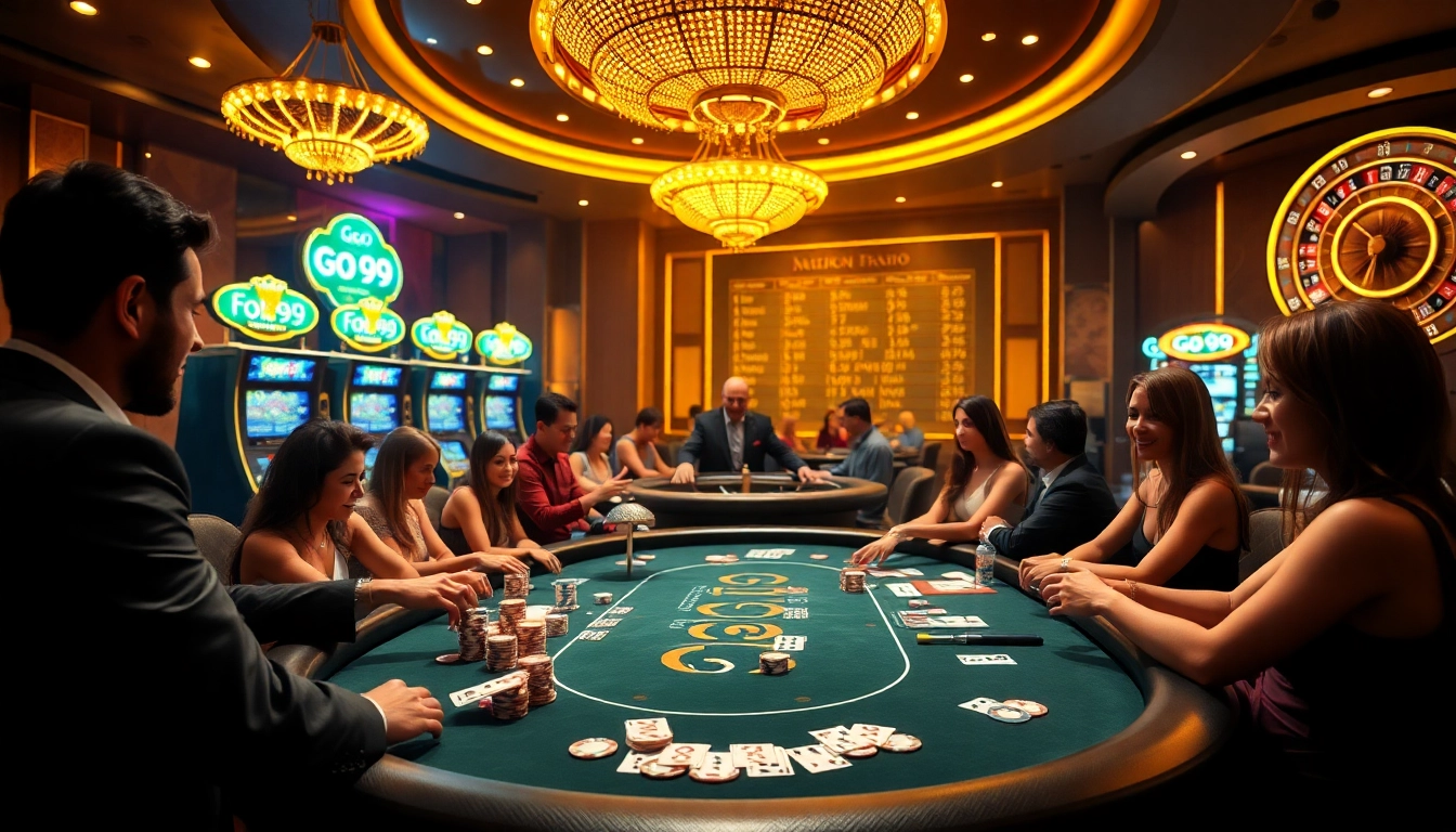 Players enjoying a thrilling game at the Go 99 themed poker table in a luxurious casino.