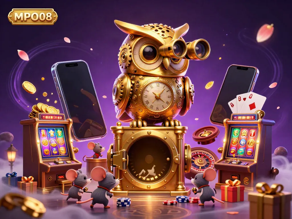 MPO08 showcases a lively casino scene with a golden owl and tiny mice amidst slot machines and gaming elements.