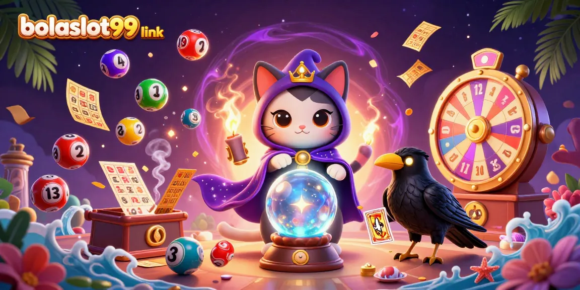 Engage with bolaslot99 link in a vibrant casino scene featuring a mystic cat and a tarot raven.