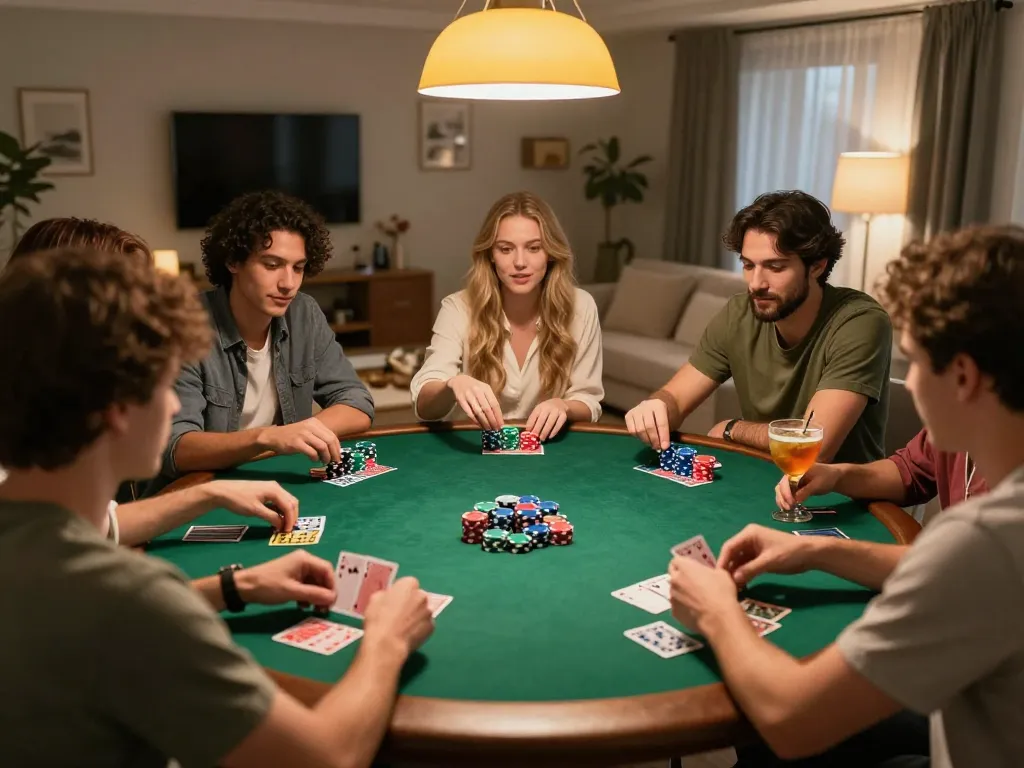 Experience the thrill of friends competing in poker with MPO ID at home, vibrant chips, and drinks.