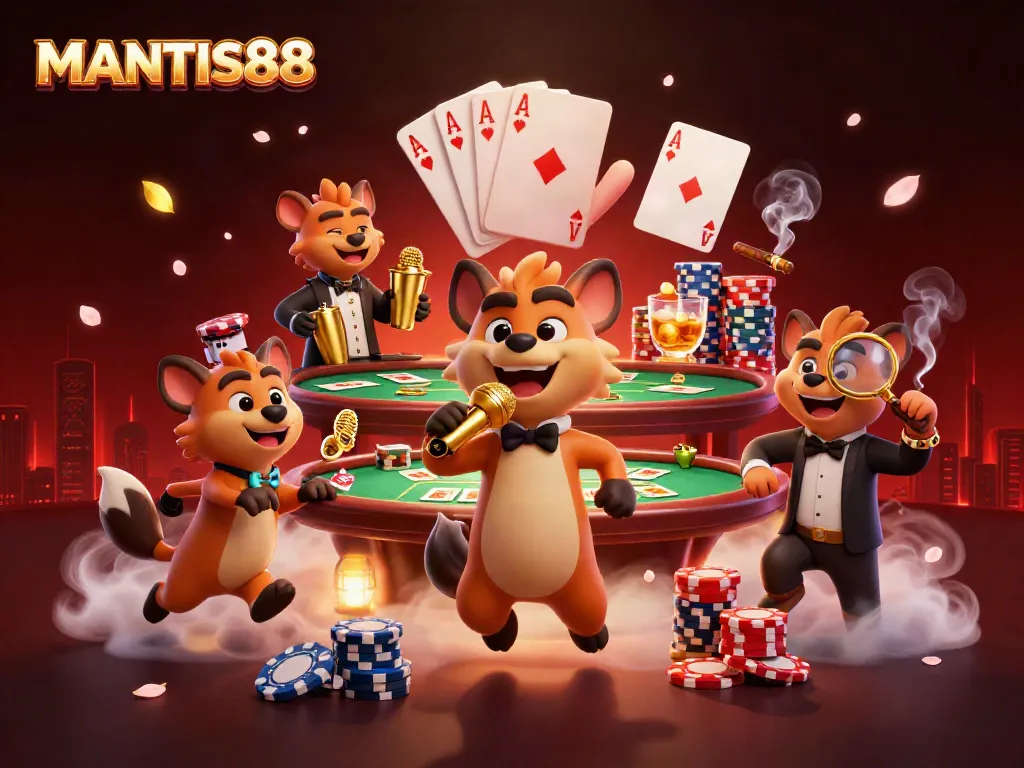 MANTIS88 offers exciting gaming experiences at a vibrant casino with animated hyenas engaging in fun activities.