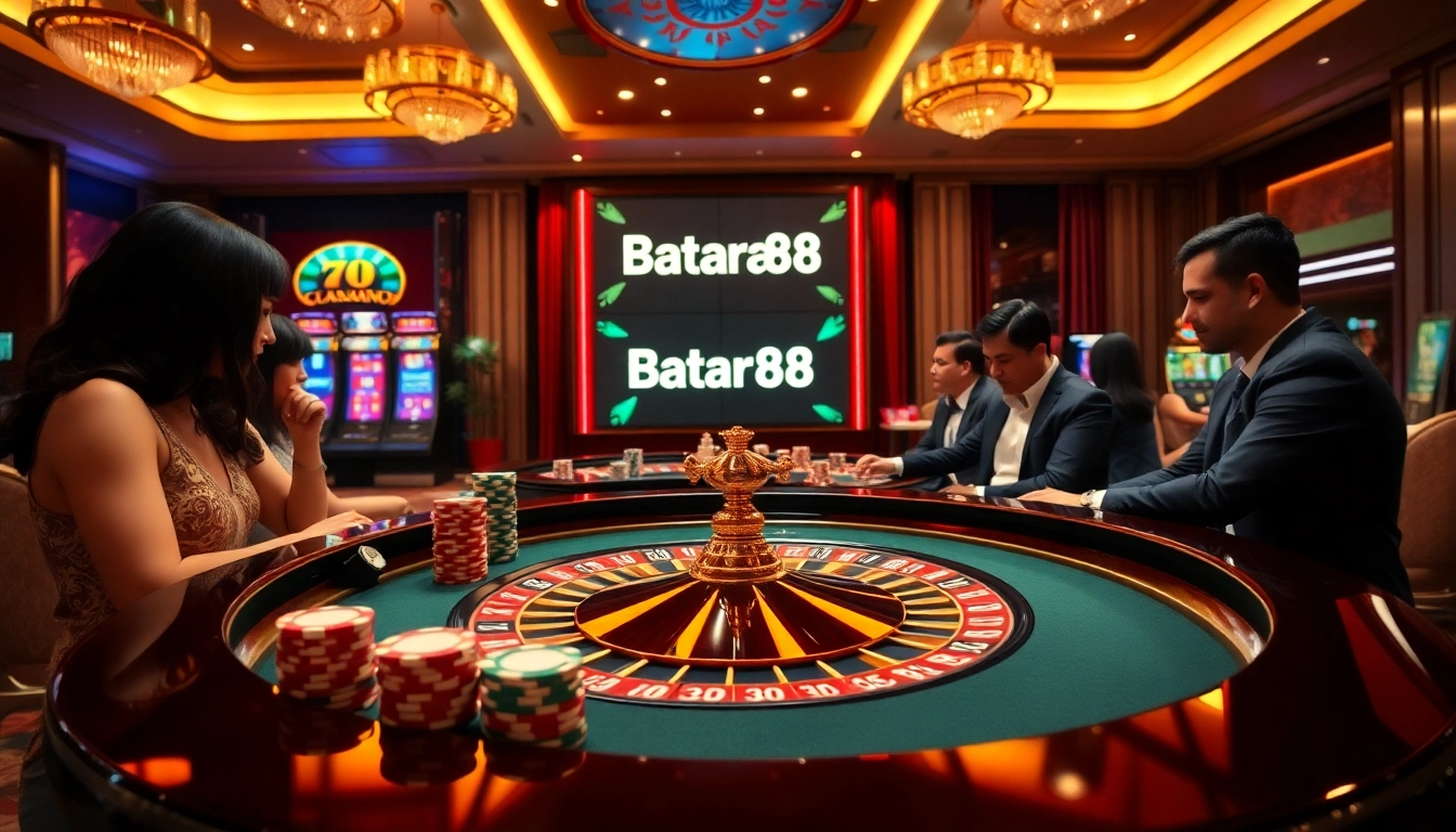 Experience the thrill of winning at Batara88 with a luxurious casino setup featuring roulette and slot machines.