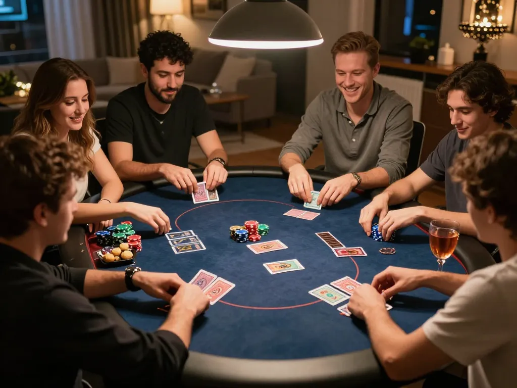 Nego77 players enjoying a thrilling home poker game night with chips and cards spread across the table