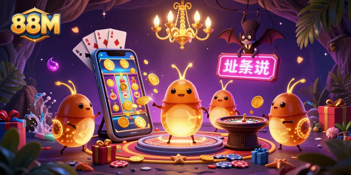 Experience the excitement of 88M with glowworms lighting up a vibrant casino scene filled with games.