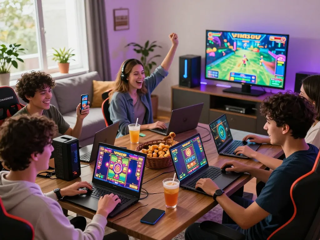 Grup menikmati permainan slot online VIRUS88 di ruang tamu yang ramai.