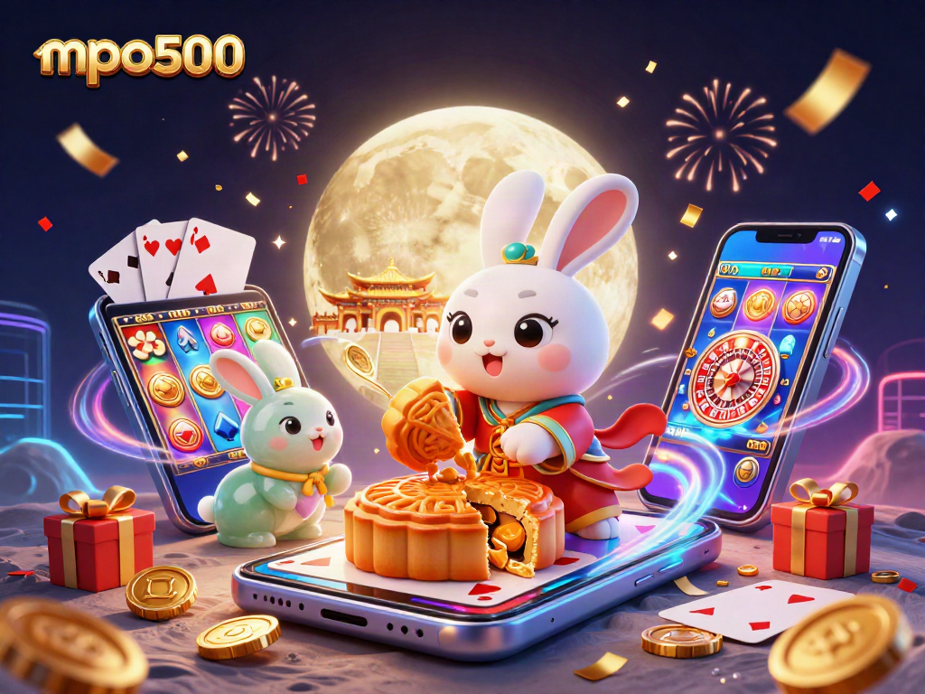 Mpo500 menampilkan kelinci bulan 3D merayakan kemenangan dengan koin emas dan poker chip di suasana kasino yang ramai.