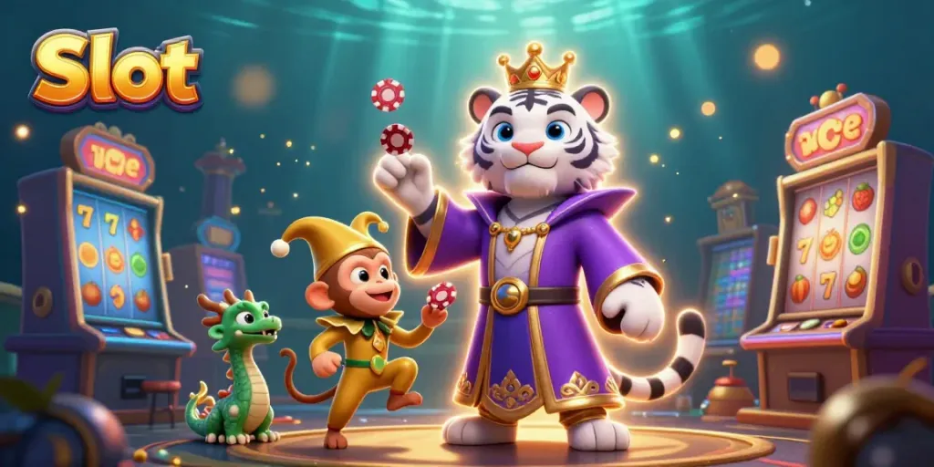 Slot menggoda dalam permainan slot dengan harimau putih, monyet, dan naga, penuh simbol keberuntungan.
