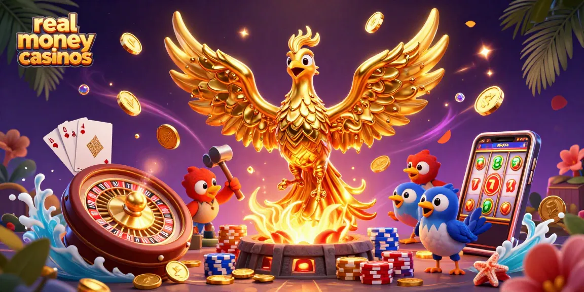 Win big at real money casinos with a golden phoenix and dynamic 3D casino elements.