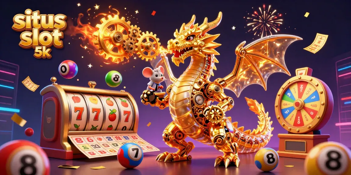 Situs slot 5k highlights an animated golden dragon amidst lively casino elements, showcasing unique gaming excitement.
