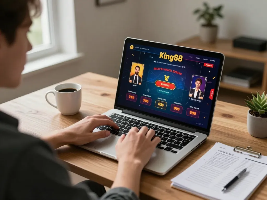Player analyzing strategies on King88 online casino while enjoying a cozy home setup.