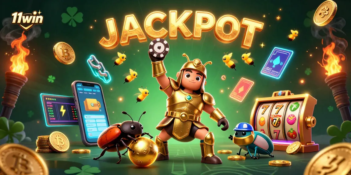 11win showcases a victorious beetle lifting a poker chip with colorful gambling symbols in a lively casino atmosphere.