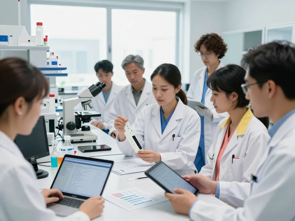 Team of researchers demonstrating the MB66 antiviral film application in a modern lab environment.
