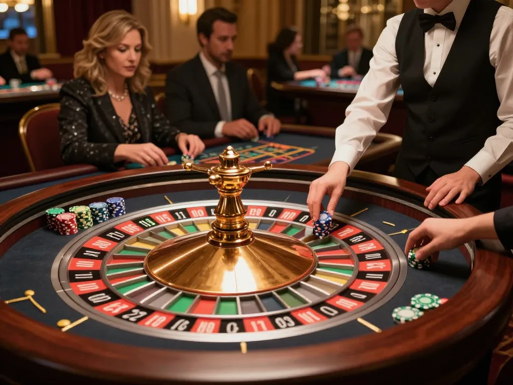 Players placing bets at the roulette table in an upscale casino while enjoying their lucks8 experience.