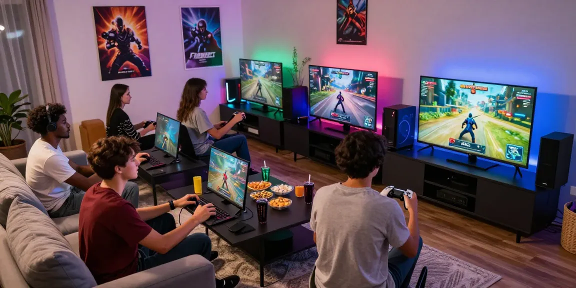 Friends enjoying multiplayer gaming with link alternatif bro138 on large screen, snacks and gaming setup enhancing the experience.