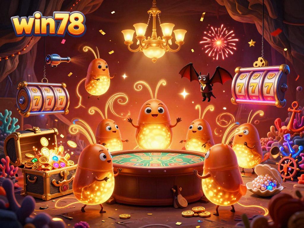 Engage with win78's thrilling cave casino, illuminated by glowing glowworms and exciting gaming elements.