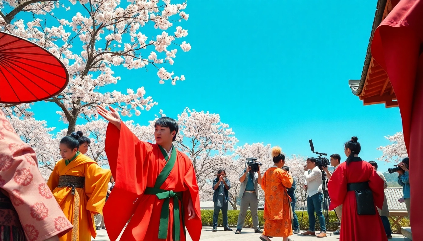 Film jepang menampilkan aktor dan kru di set film tradisional yang berwarna-warni.