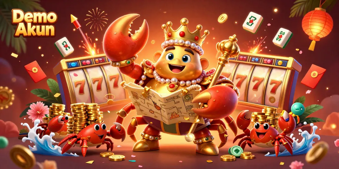 Engaging illustration of Demo Akun with a golden crab emperor, jackpot reels, and festive decorations.
