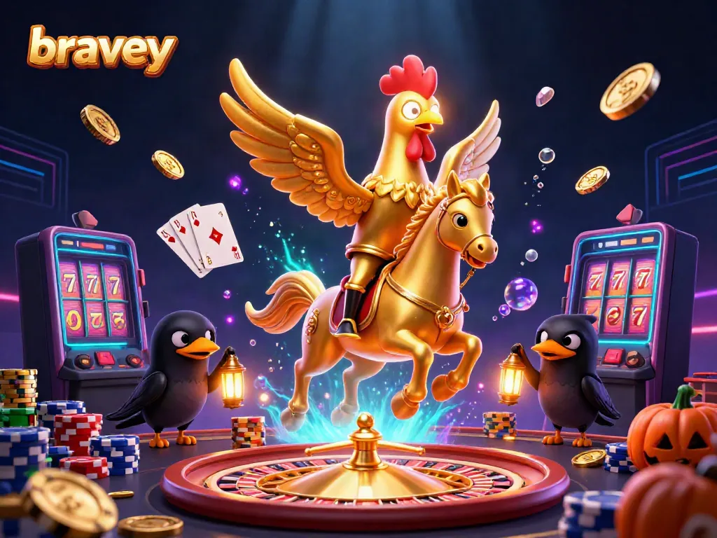 Experience thrilling adventures with bravey in a vibrant midnight casino scene featuring a golden rooster and gamified elements.