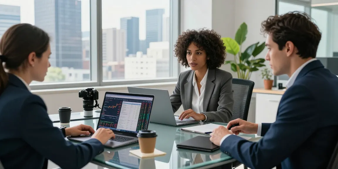 Group of professionals discussing link slot opportunities in modern office setting.