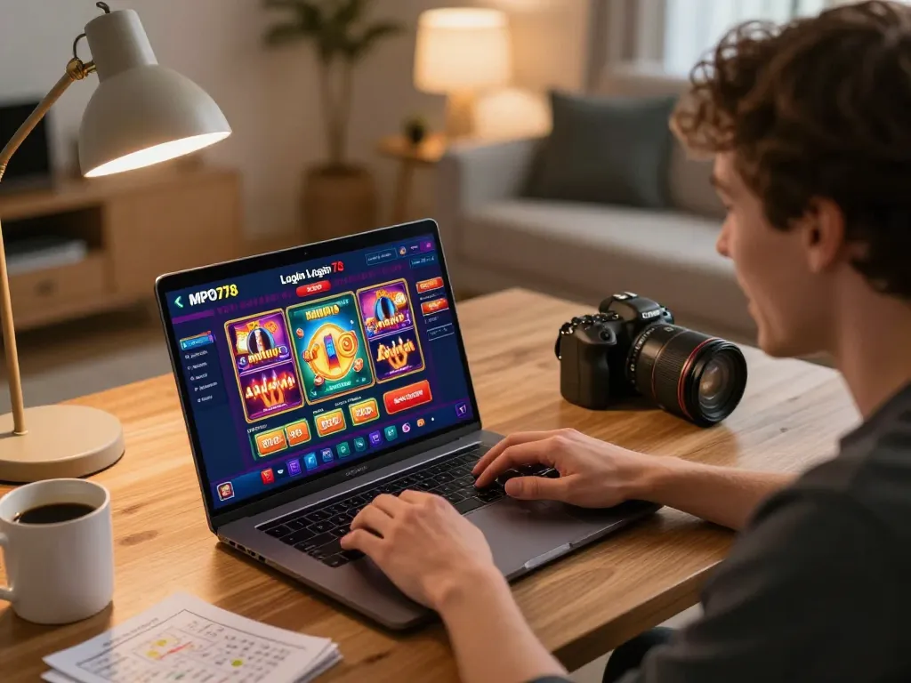MPO08 Login 778 excitement captured in a vibrant home gaming setup with engaging casino app on laptop.