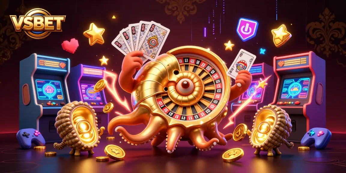 Engage with VSBET's vibrant casino experience featuring a giant roulette nautilus and glowing game elements.