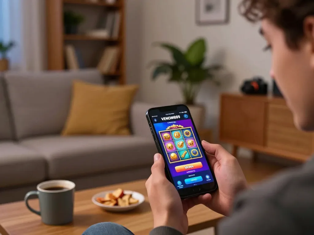 Experience exciting wins with VENOM889 on your smartphone in a cozy home setting